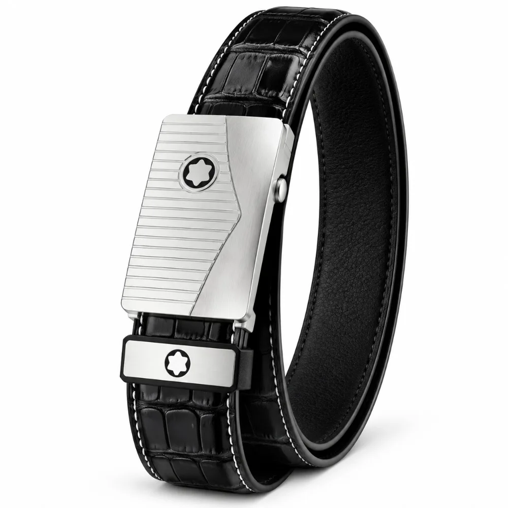 Luxury Men's Leather Belts Black Genuine Cowhide Crocodile Pattern Automatic Buckle Belt 3.5cm for Business and Formal Outfits