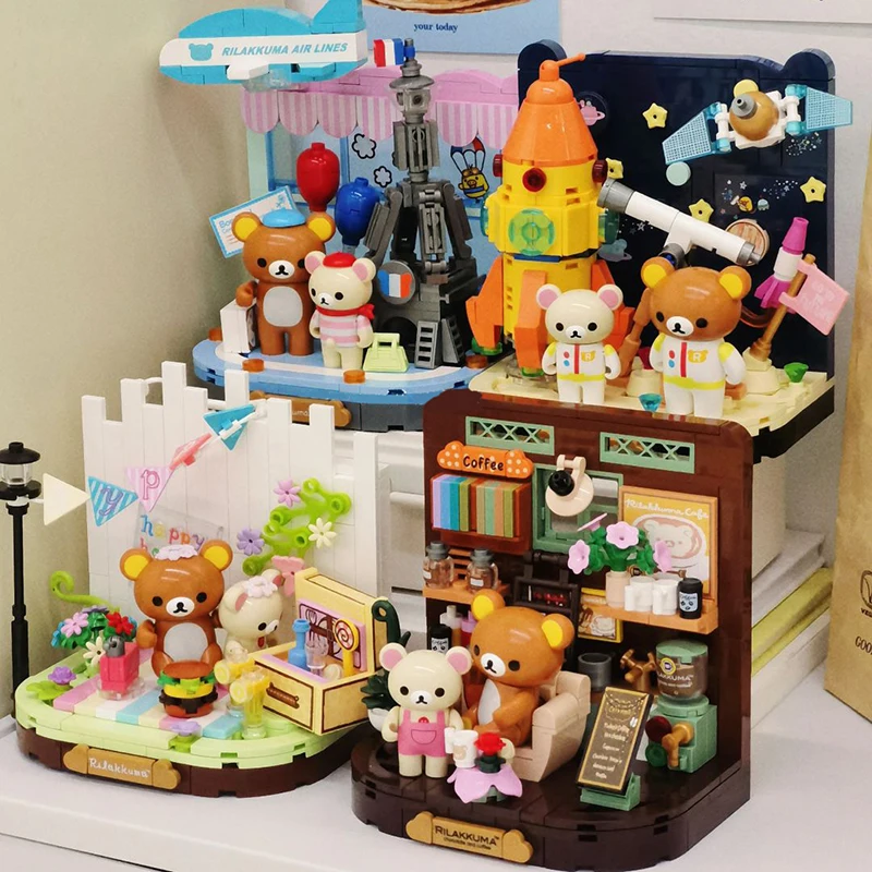 Creative Rilakkuma Bear Coffee Shop DIY Miniature Furnitures Building Blocks Architecture Micro Assemble Brick Toy Kid Girl Gift