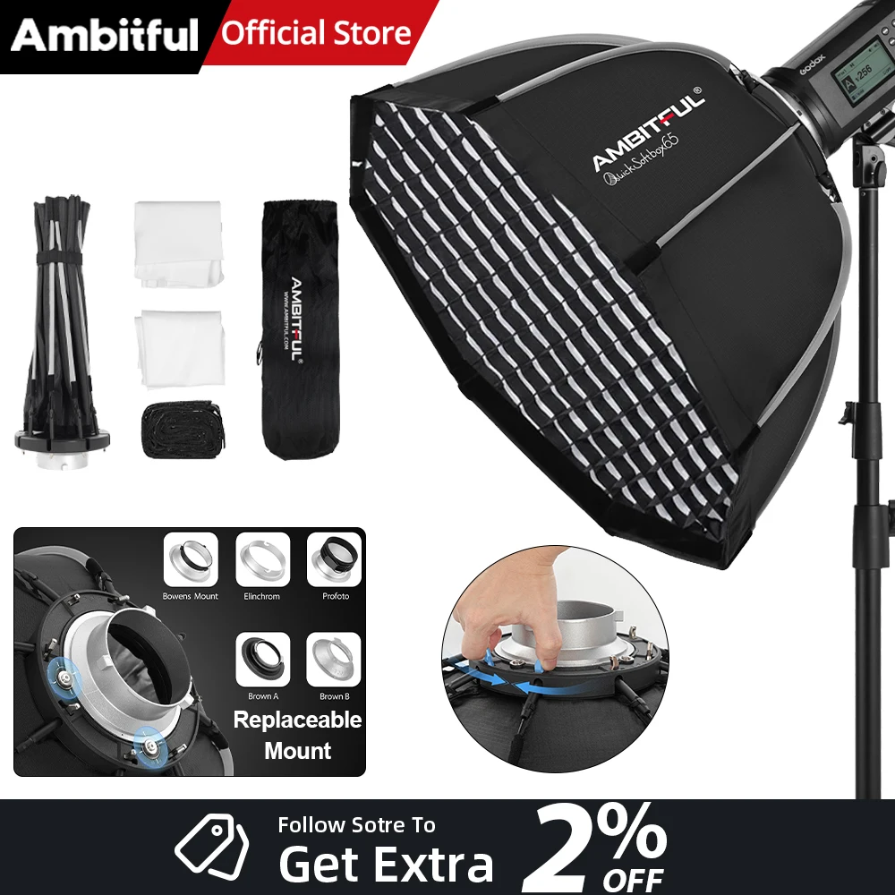 AMBITFUL QS 65cm 90cm Bowens Mount Quick Set-up Softbox With Grid For Camera Flash Speedlite Led Light Soft Light Box Matt Box