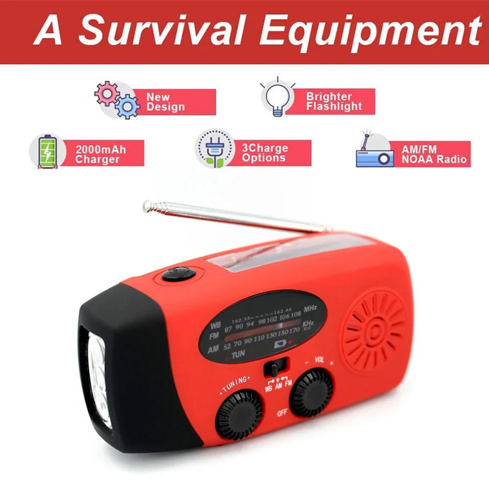 Multifunctional Solar Hand Crank Radio FM AM WB NOAA Weather Radio 2000mAh USB Charging Emergency LED Flashlight Power Bank