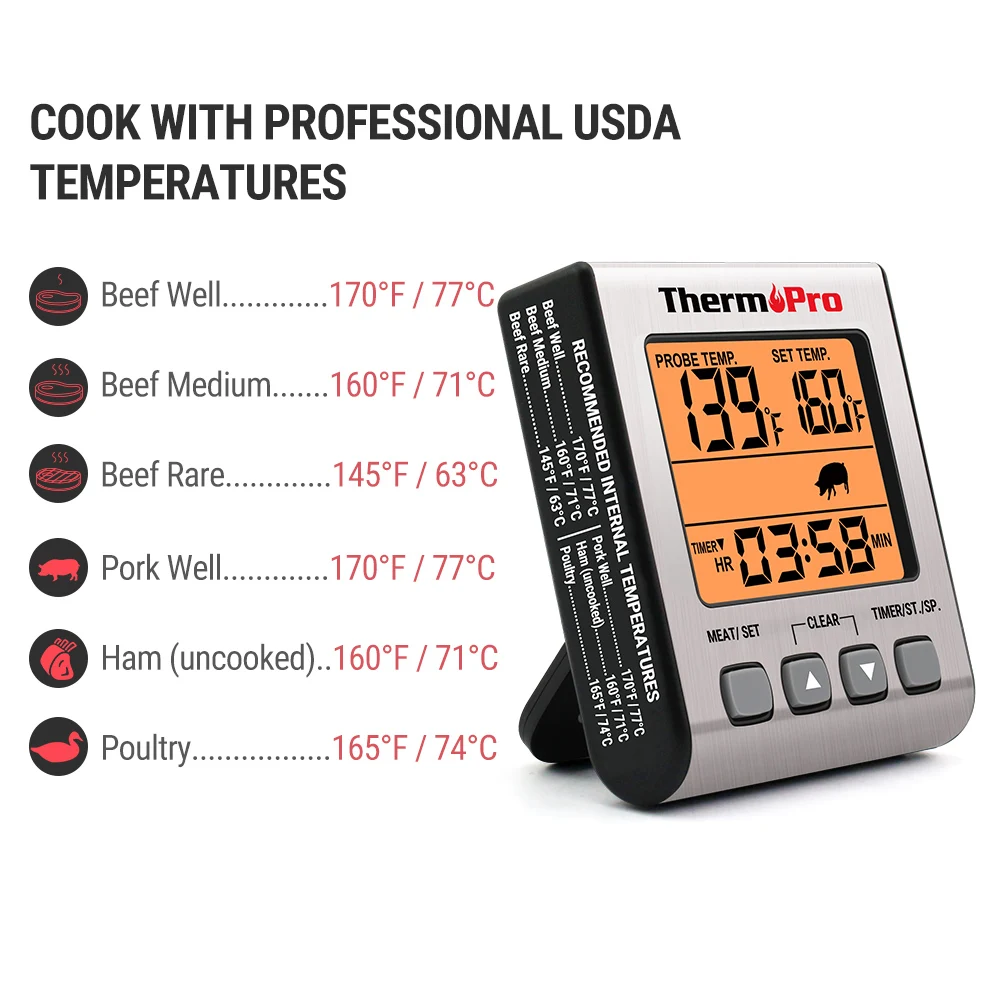 ThermoPro TP16S Backlight Digital BBQ Oven Grill Meat Thermometer With Probe Countdown Kitchen Timer