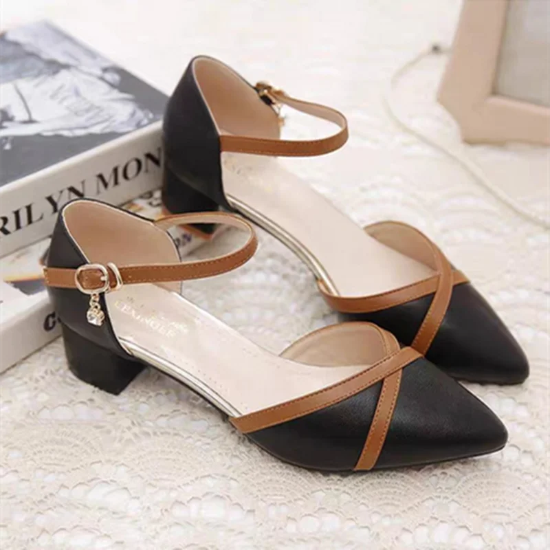 Women Med Cover Heels Elegant Sandals 4cm Buckle Strap Shoes For OL Microfiber Leather Pumps Beige Black Pinkish Chaussure 35-40