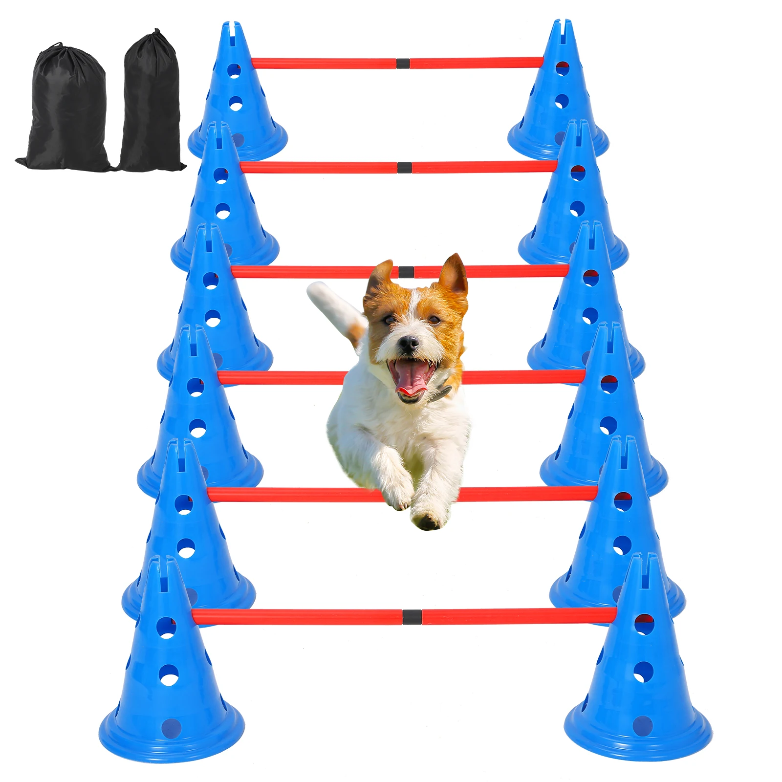 Dog Agility Hurdle Cone Set — 12 Cones & 6 Rods, Adjustable Height, Adjustable 4-Level Heights for Beginner to Advanced Jumpers, Includes 12 Cones & 6 Rods in a Carry Bag, Use Indoors & Outdoors