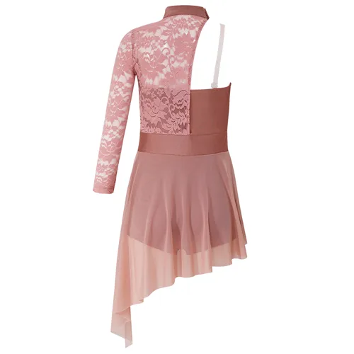 Imagen 2 del producto Traje de actuación de danza lírica moderna para niñas, vestido de leotardo de gimnasia de Ballet de patinaje dividido asimétrico de encaje con un hombro