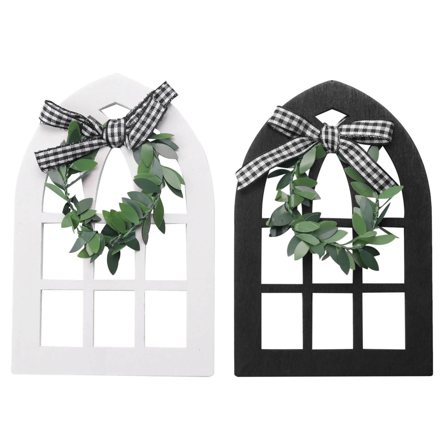 2Pcs Wooden Farmhouse Window Tiered Tray Decoration Plaid Rustic Farmhouse Decor Cathedral Arch Window Shelf Photo Prop