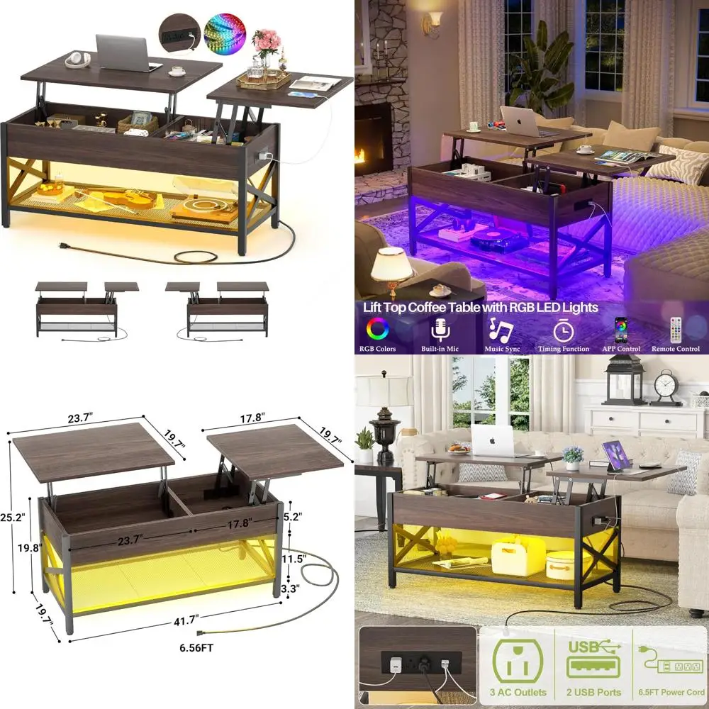 

Modern LED-lit Lift-Top Coffee Table with Storage and Power Outlet