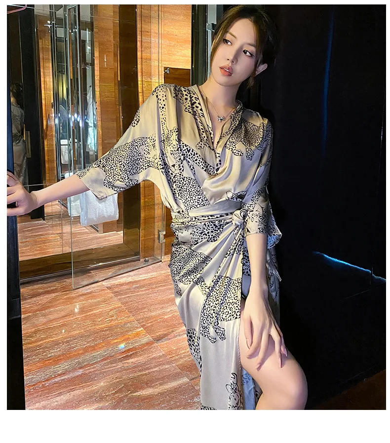 Sexy Fashion Leopard Robe Nightgown Spring Summer Half Sleeve Kimono Bathrobe Gown Sleepwear Loose Satin Home Dress Lounge Wear