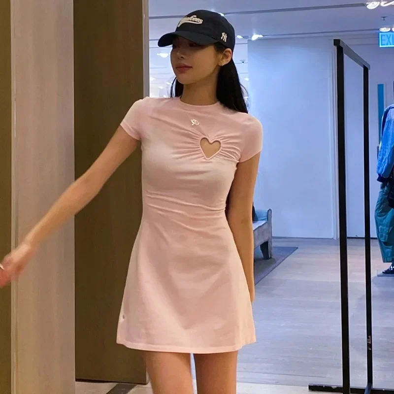 

LIBIELIY Slim Fit Heart Hollow Out Short Sleeve Round Neck Mini Dress Women's Summer New Style Y25DS044 Fashionable Casual Dress