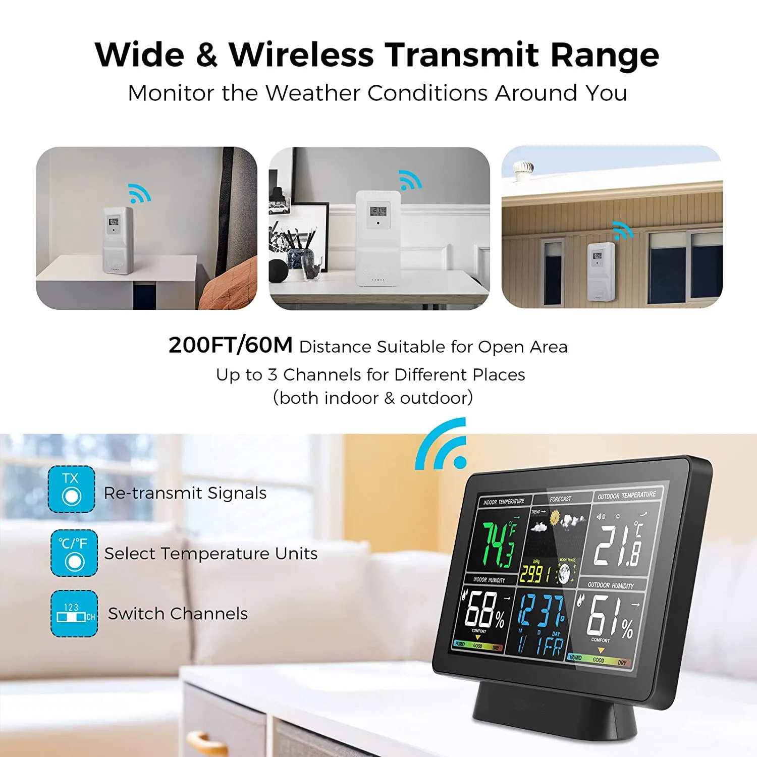 Color Screen Weather Station Wireless Digital Indoor/Outdoor Forecast Desk Clock Temperature Humidity Meter with Wireless Sensor