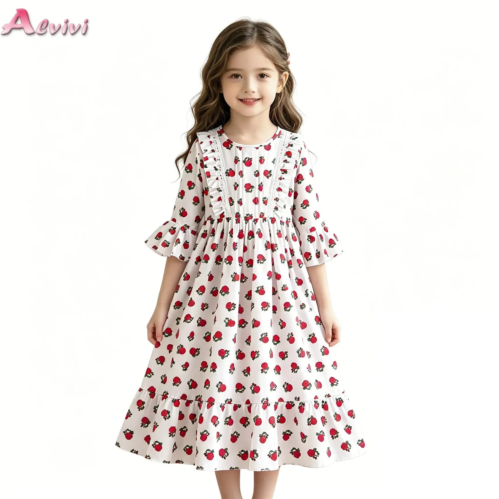 

8Y-12Y Girls Sweet Vintage Dress Round Neck Lace Ruffled Bell-sleeve Printed Vacation Dress for Holiday Use Daily Wear