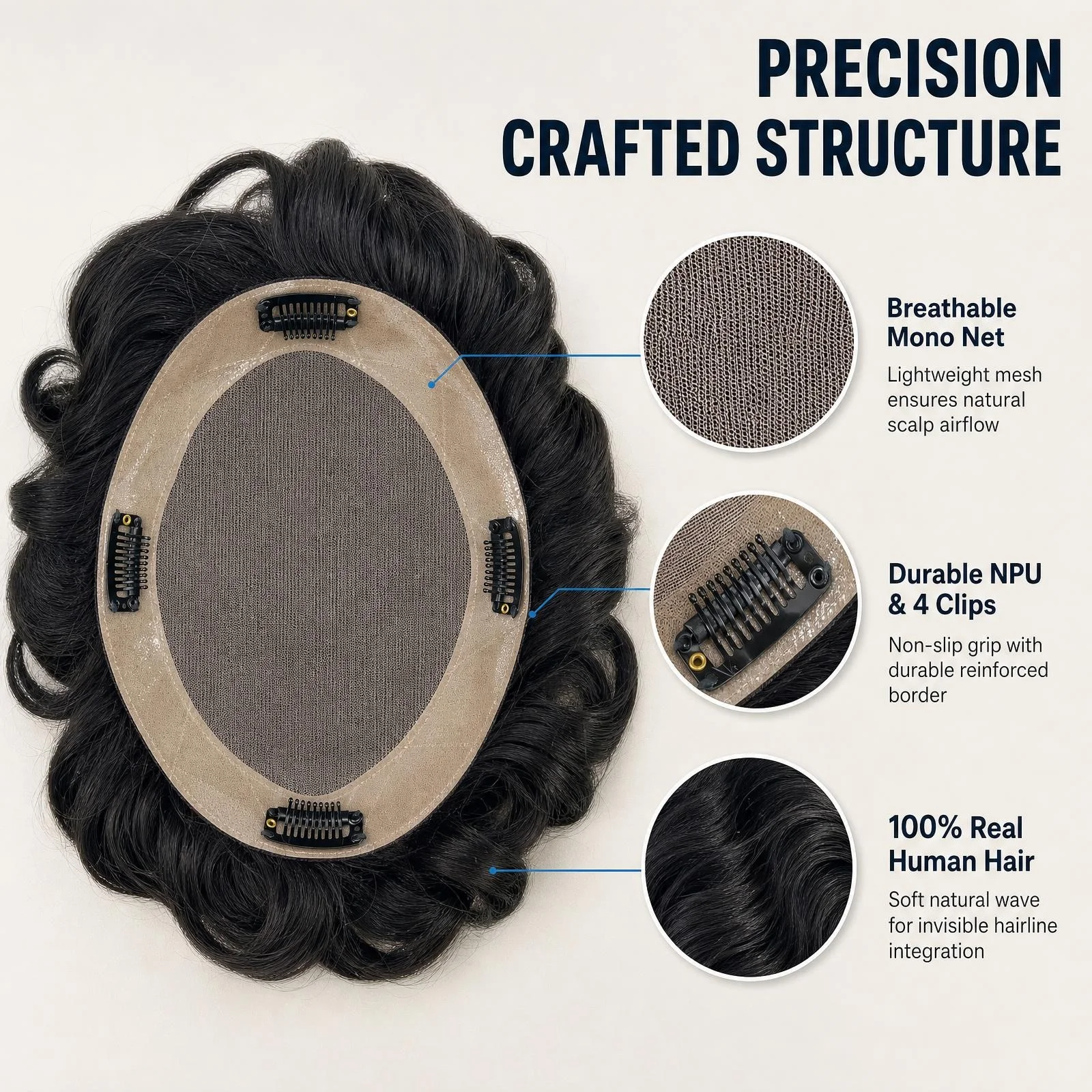 Real Human Hair D7-3 Mono Base Men Wig With Clips 7x9 6inch 30mm Wave Mono+NPU Handmade Remy Hair For Wedding Guests