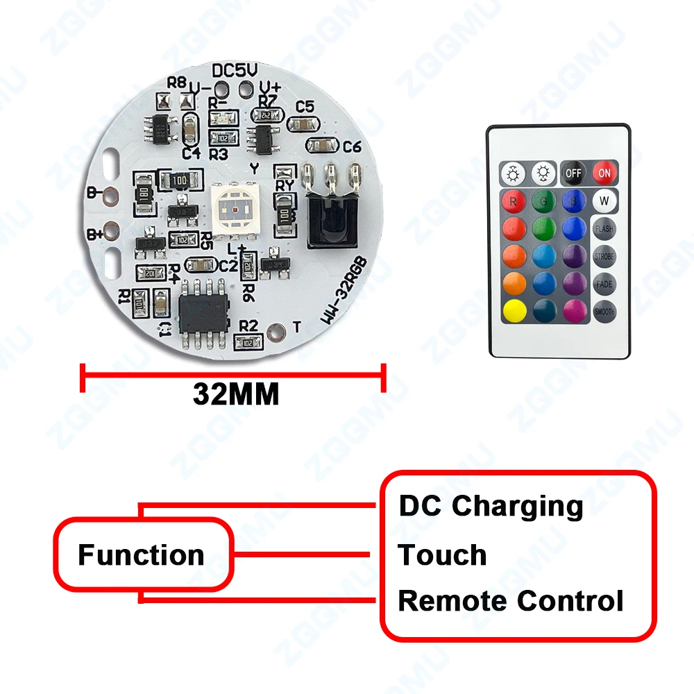 DC5V Low Voltage Colorful Gradient PCB Light Source Board Echargeable Touch Remote Control LED RGB Light Board 16 Colors 32MM