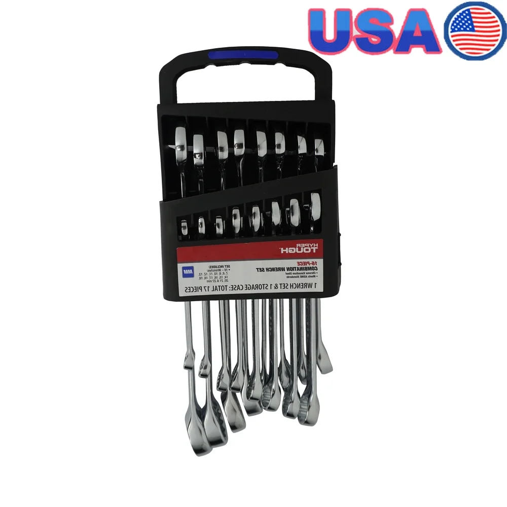 

16 Piece Combination Wrench Set Metric Chrome Vanadium Steel Precision Machined Durable Carrying Case Automotive Home Repairs