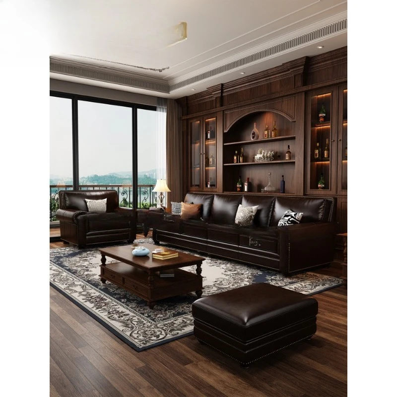 Американский стиль, ретро, масляный воск, кожаная мебель для гостиной, виллы, первый слой воловьей кожи, прямой ряд, диван для трех или четырех человек