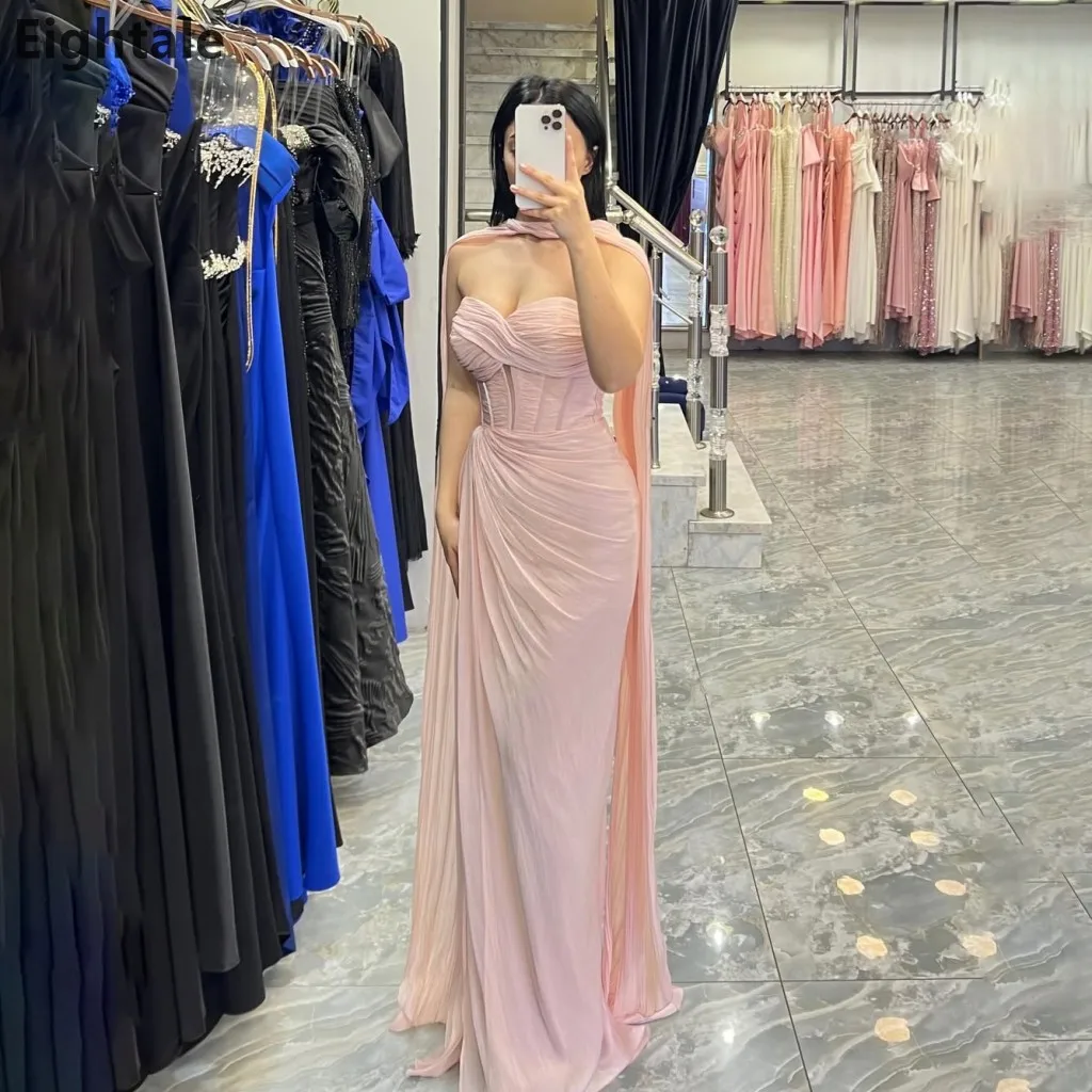 

Eightale 2025 Pink Silk Chiffon Maxi Evening Dress With Wrap Wedding Party Formal Prom Dress Dubai Party Gown Customized