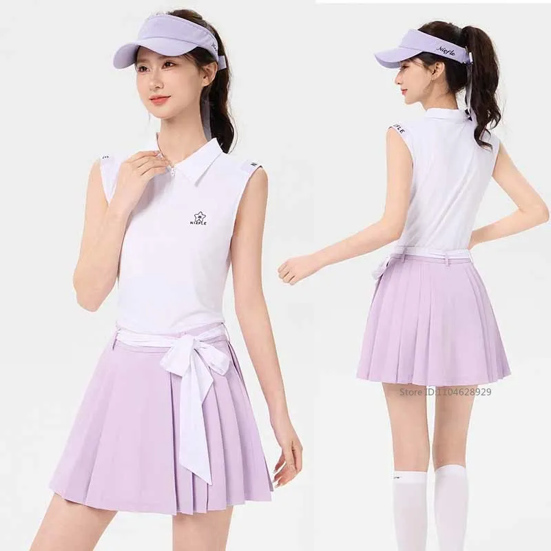 ニーフェ-ジッパーポロカラーゴルフタンクトップス-ノースリーブ速乾tシャツ-高級レースプリーツスカート-ゴルフテニススカート-ショートパンツ付き