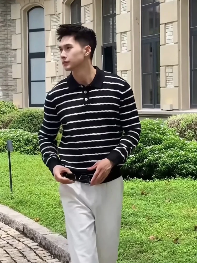 

Classic Bla White Polka Dot Stripe irt Men's Sle Autumn Korean Maturi Sle Steady Match T irt Stand Fit Lo...