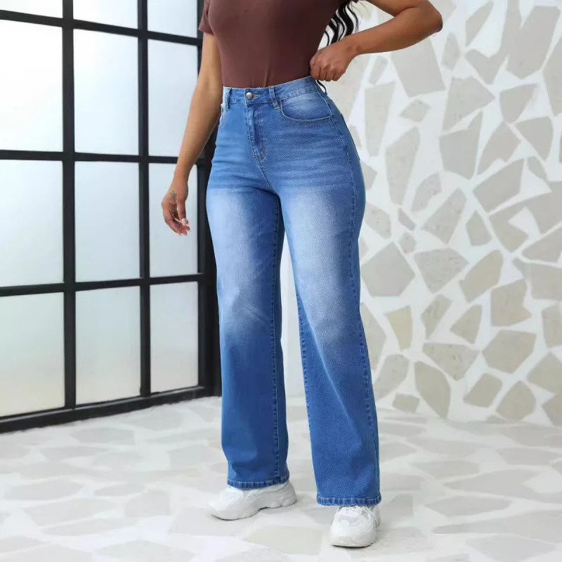 

Women's Straight Leg Casual Jeans High Waist Cotton Folded Surface Retro Loose Fit New Style Cross-Border Denim Trousers
