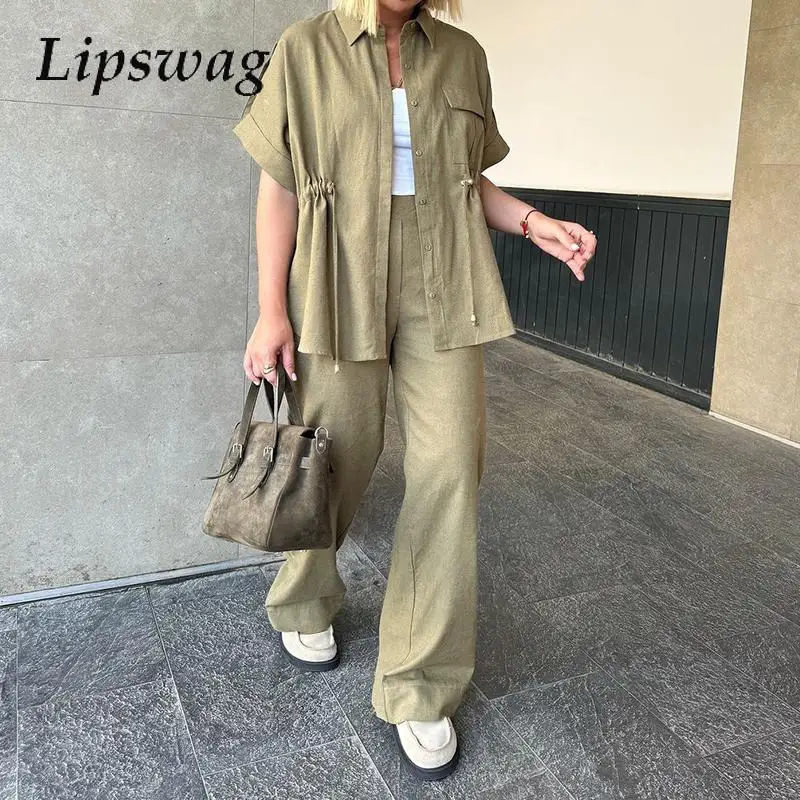 

2025 Элегантные однотонные пригородные наряды на пуговицах, модные топы с короткими рукавами и длинные брюки с лацканами, женский повседневный свободный костюм из 2 предметов на шнуровке