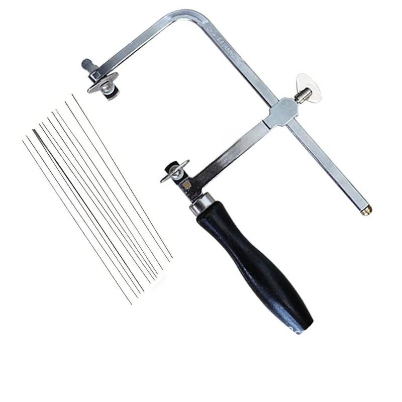 Schwarzes 13-in-1 professionelles Schmucksägeset: Handstichsäge, Bandsäge für die Holzbearbeitung, verstellbarer Sägerahmen und 12 Sägeblätter. – Detail 5