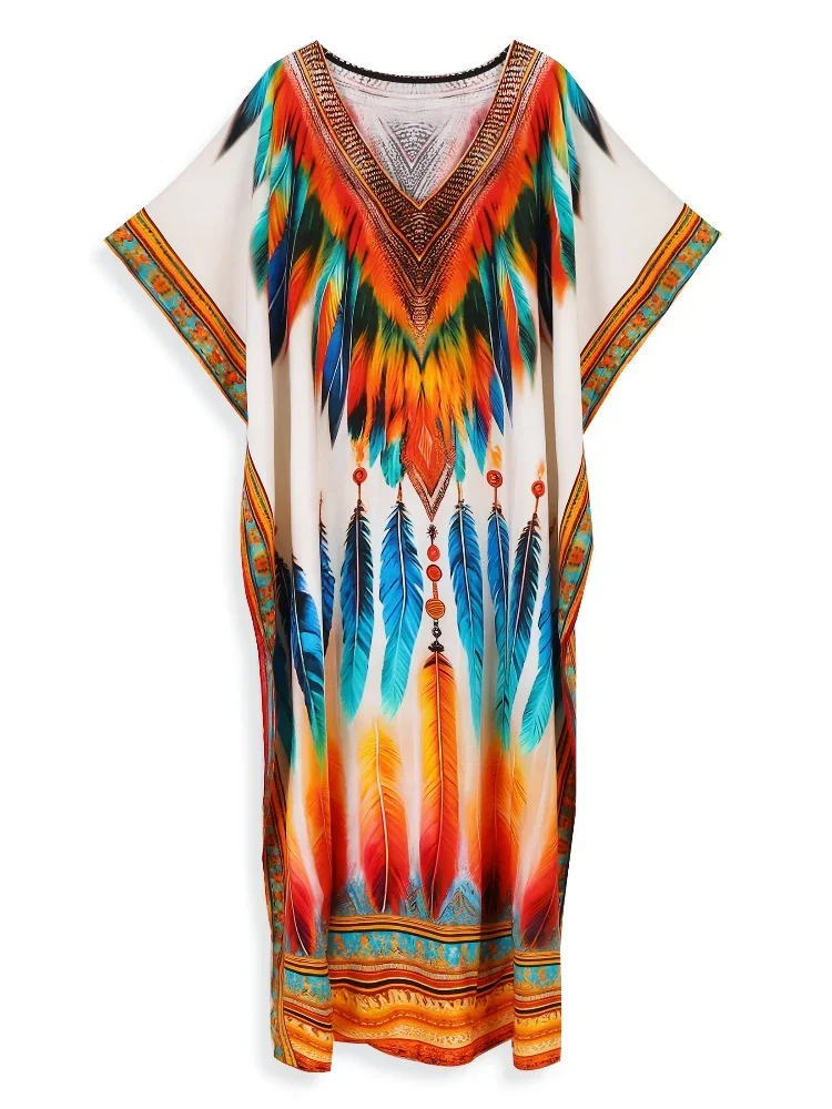 Boho Plus Size damska Kaftan z dekoltem w szpic długa sukienka o żywym kolorowy strój kąpielowy strój do domu sukienki plażowe Q1594