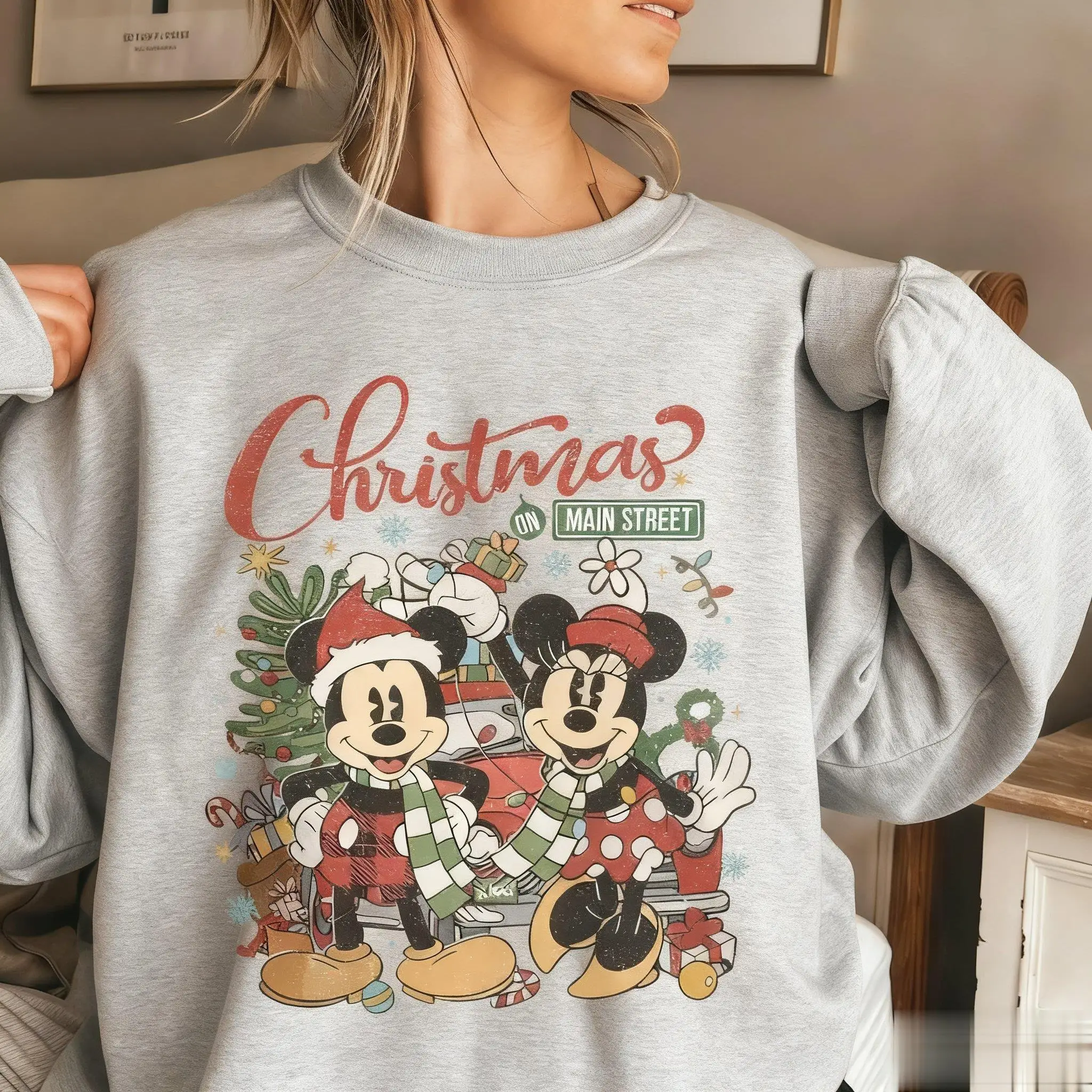 ディズニー クリスマス ミッキー ミニー プリント レディース クルーネック スウェットシャツ セーター グラフィック ストリートウェア カジュアル 冬 暖かい プルオーバー トップス Y2k