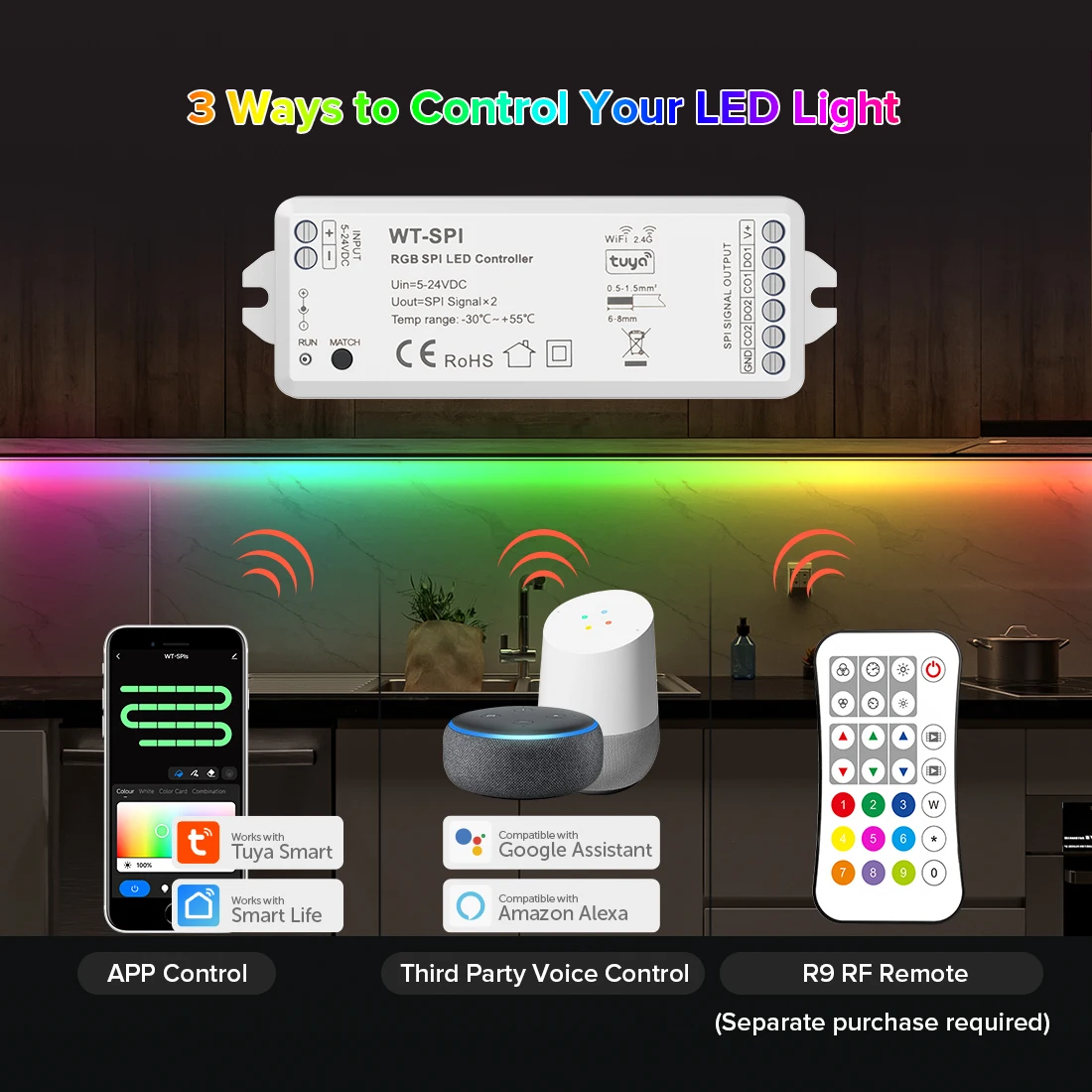 DC5V-24V 2.4G RF Tuya SPI LED Wifi Controller Remote Alexa Google Assistance for WS2811 WS2812B WS2815 RGB SK6812 WS2814 Strips