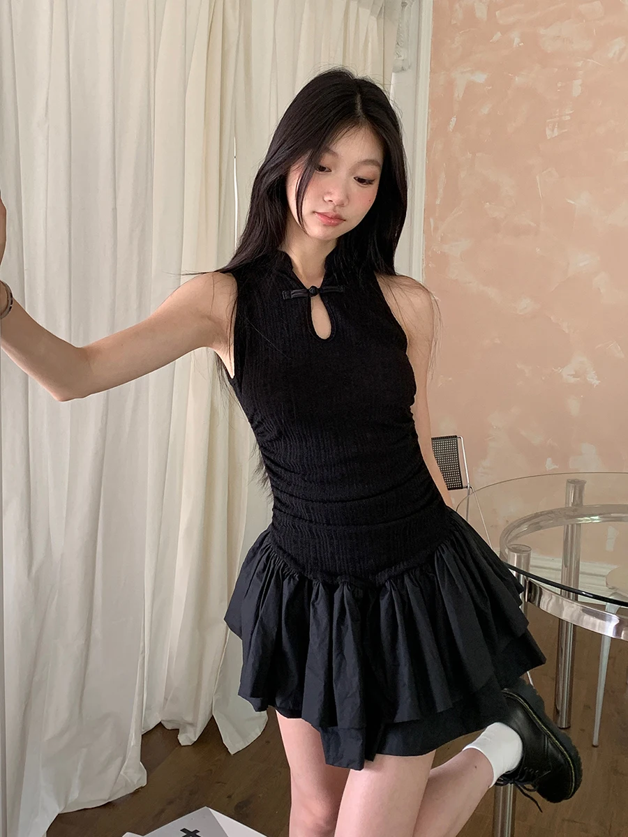 REDDACHiC Knit Splice Puffy Mini Tank Dress Women Solid Layered Ruffle Cut-out Stand Collar Neo-Chinese Cheongsam Retro Clothes