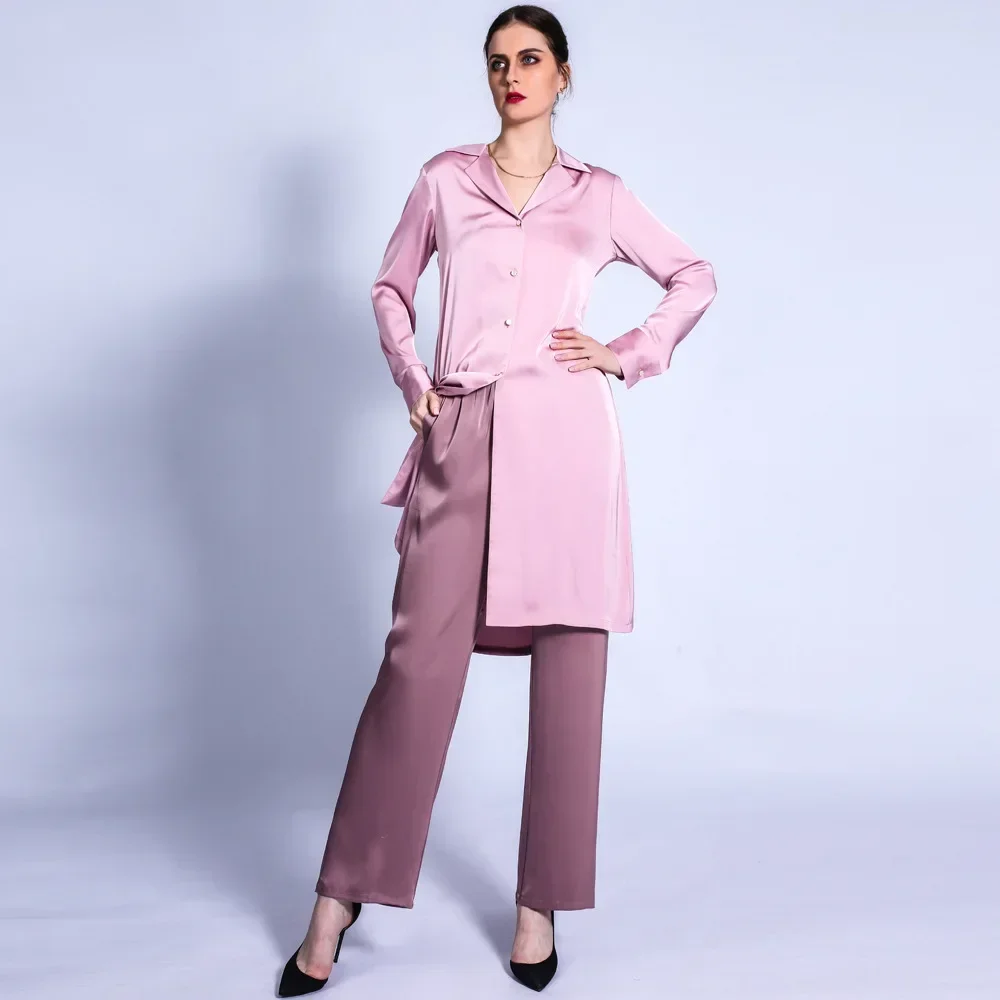 

Dubai Muslim Women Lapel Buttons Shirt Pants Set Satin Tops Trousers Suit Ramadan Abaya Islamic Clothing Arabic Outfits Costumes