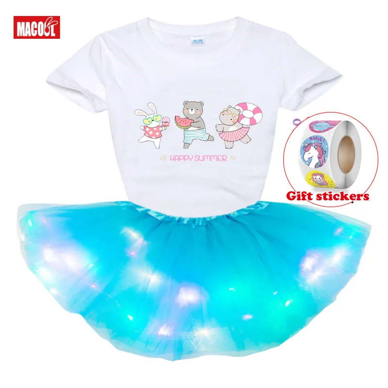 Girl Birthday Set Outfit for Girl Cute Skirt Princess Dress Party Sequin Light Dress Kids T-shirt+Glow Skirt+Children's Stickers