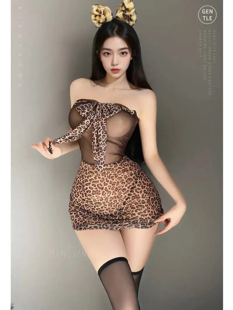 섹시한 여성용 원숄더 레오파드 프린트 소프트 거즈 스트랩리스 파자마 나이트가운 드레스 우아한 메쉬 레이스 시스루 스위트 탑 VA18