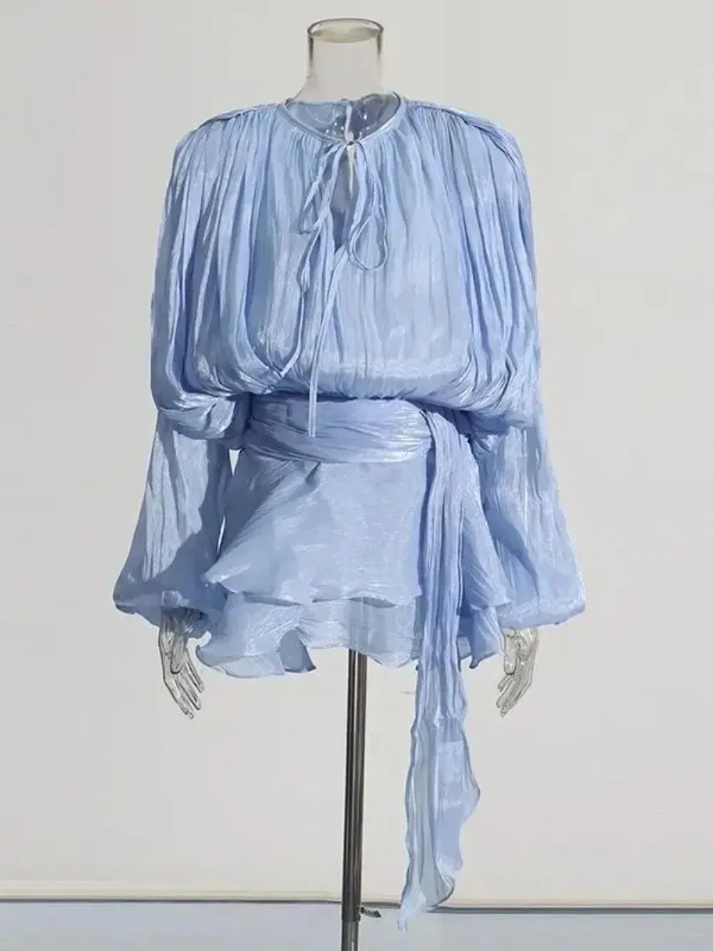 Elegante mini vestido ruched para mulheres em torno do pescoço lanterna manga longa cintura alta temperamento vestidos moda feminina