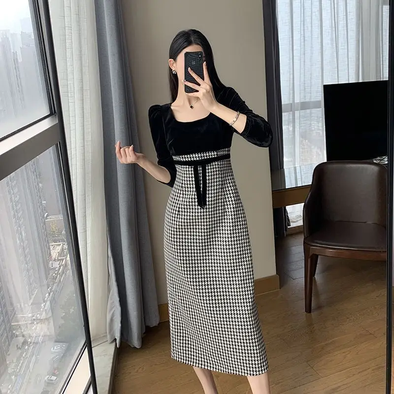 

Women's Clothing Houndstooth Dress 2023 Spring Autumn New Arrival Korean Version Slim Splice Square Neck Vintage Long Skirt