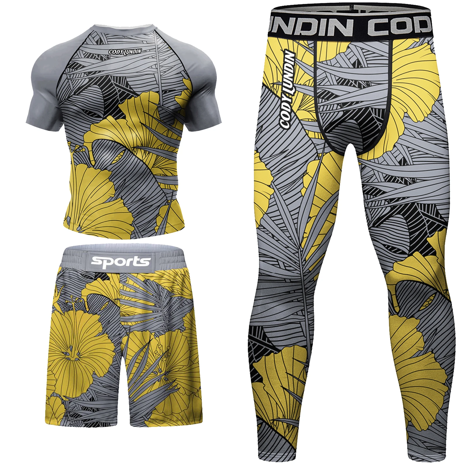 Cody Lundin Żółty wzór Koszulka i spodnie fitness dla mężczyzn MMA Rashguard Jiu Jitsu Jersey Spodenki Gym BJJ Boxing Sportsuits