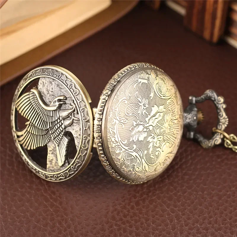 Antique Half Hunter Pocket Watch Hollow Out Eagle Hawk Wing Bronze Quartz Watches Necklace Chain Clock for Men Women Kid Gift