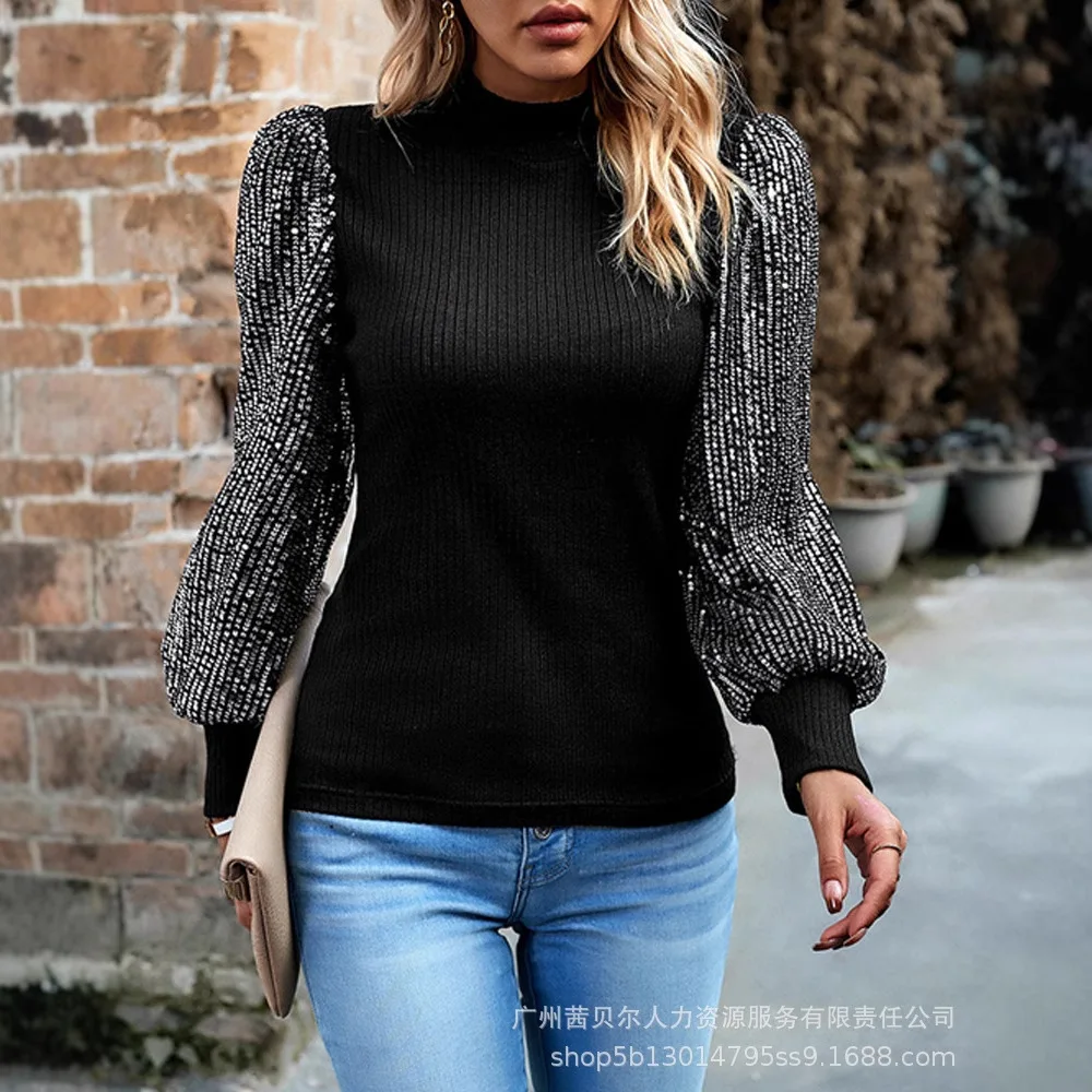 Women Mock Neck Lantern Sleeve Ribbed Top Contrast Sequin Pullover Blouse O Neck Tops