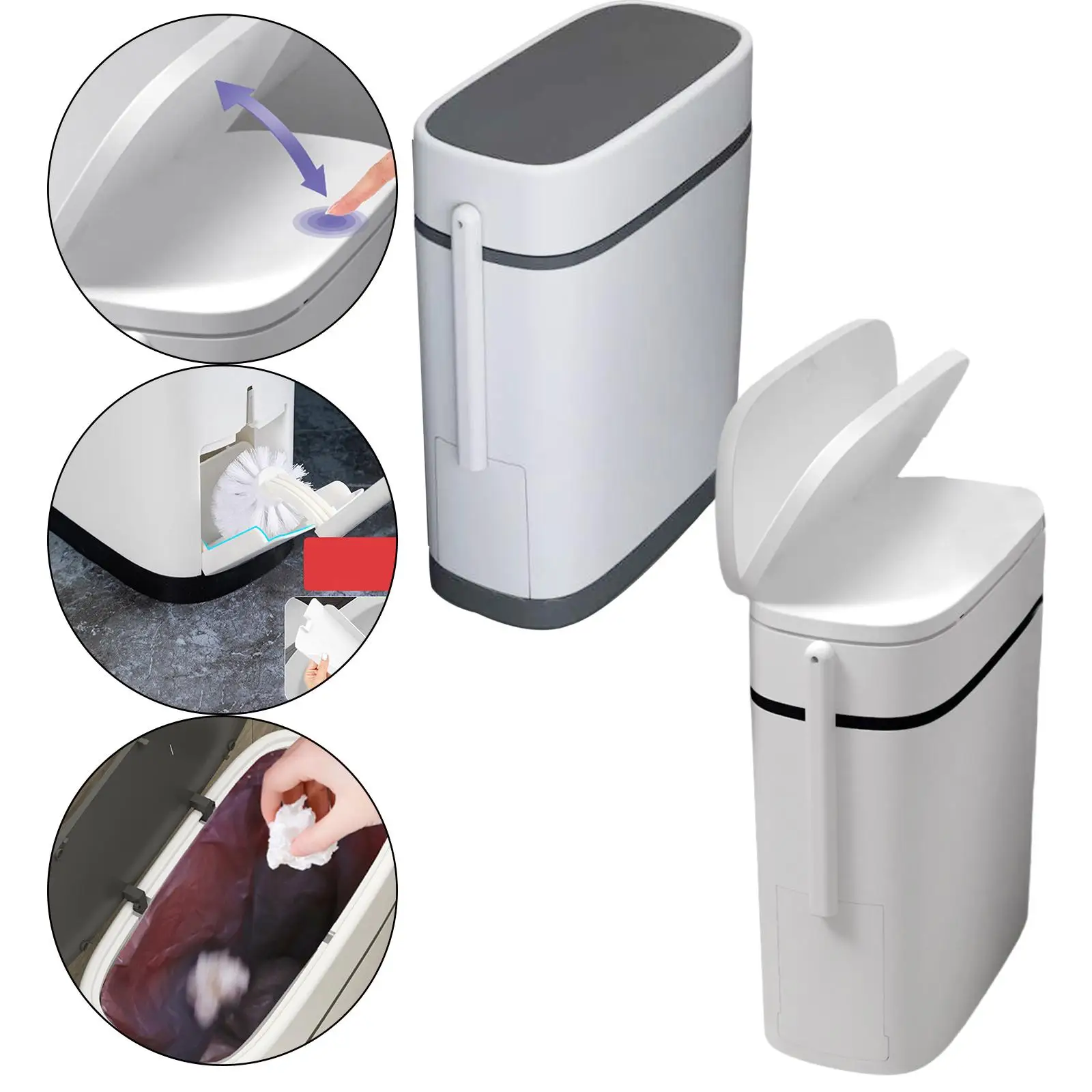 Slim Trash Can with Toilet Brush Wastebasket Garbage Container for Living Room RV Bathroom Office