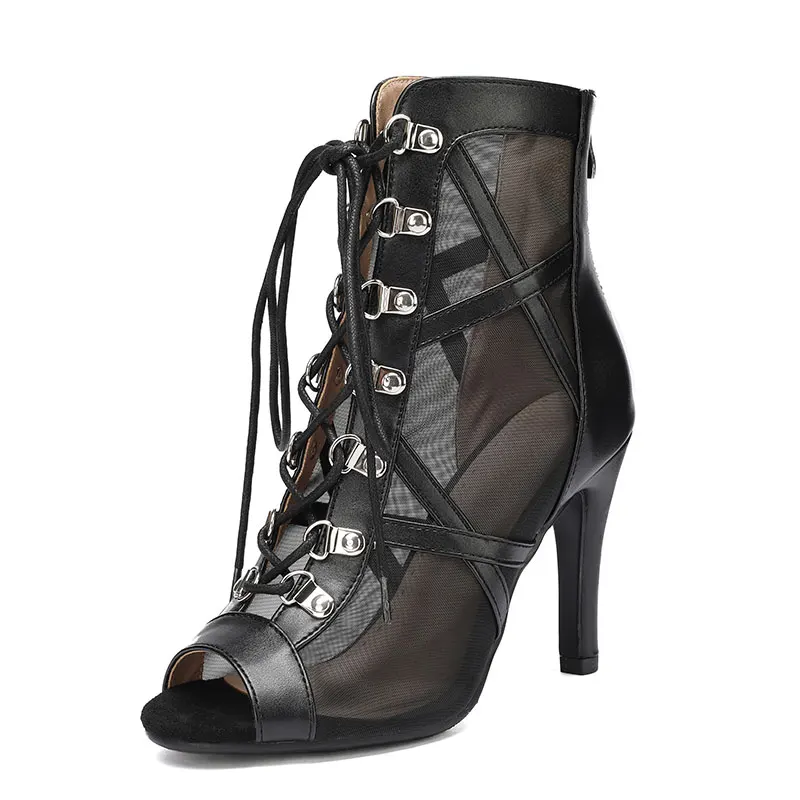 

Black Summer High Heels Ankle Boots for Women Spring Peep Toe Lace Up Pumps Party Jazz Dance Shoes Suede Ladies