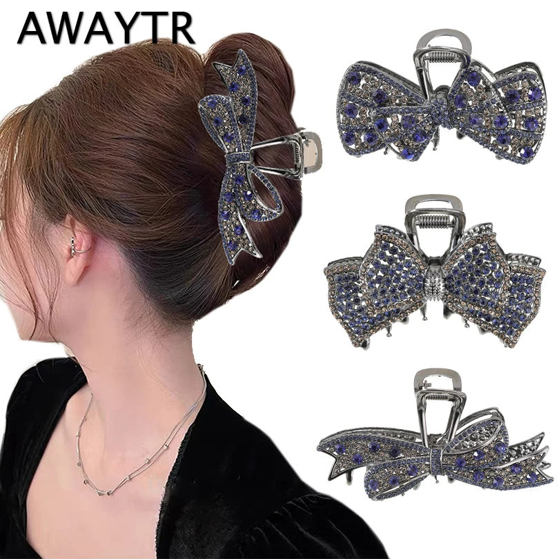 AWAYTR-Pinza para el pelo con lazo para mujer, accesorio para el cabello de aleación de cristal, a la moda, sencillo, tipo cangrejo de tiburón