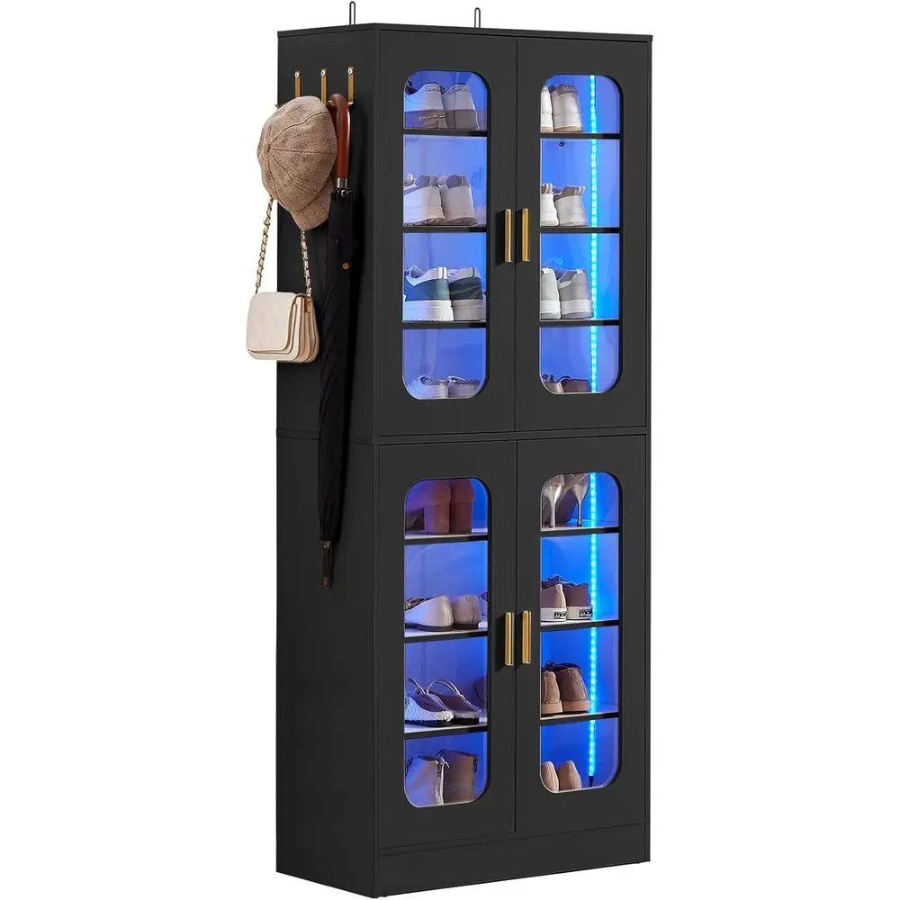

8-уровневый шкаф для обуви со светодиодной подсветкой, регулируемыми полками и защитой от опрокидывания для прихожей и гостиной (черный)
