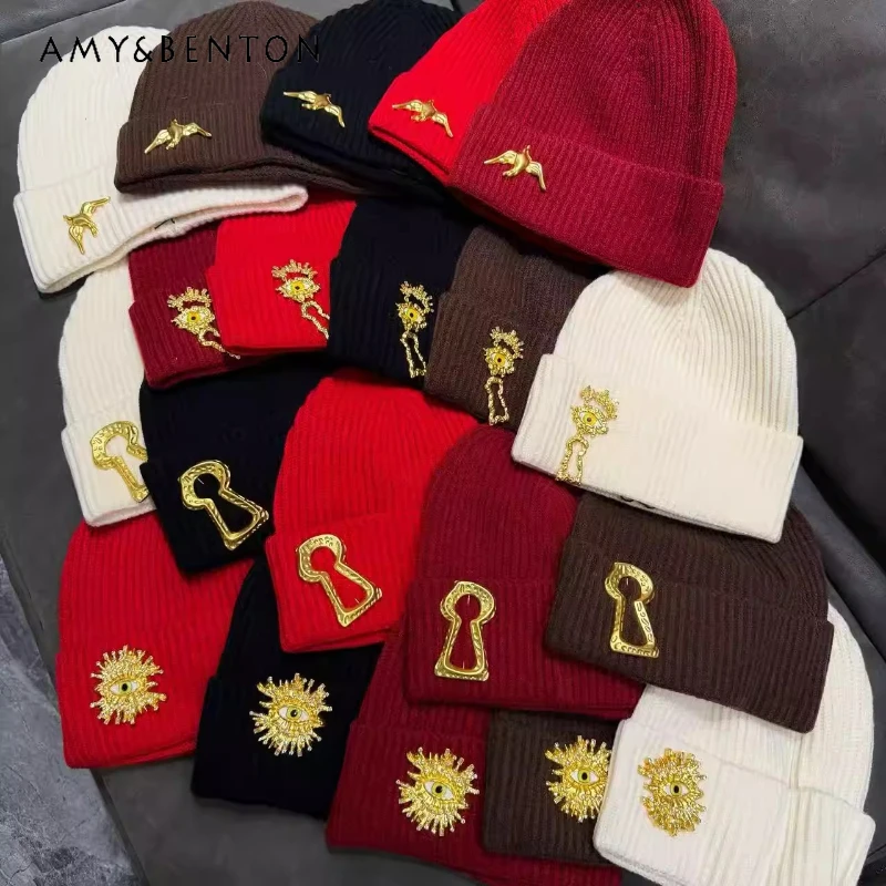 

European American Style Metal Decor Knitted Wool Hat Unisex Winter Warm Versatile Heavy Craft Trendy Multi-color Hats Ladies