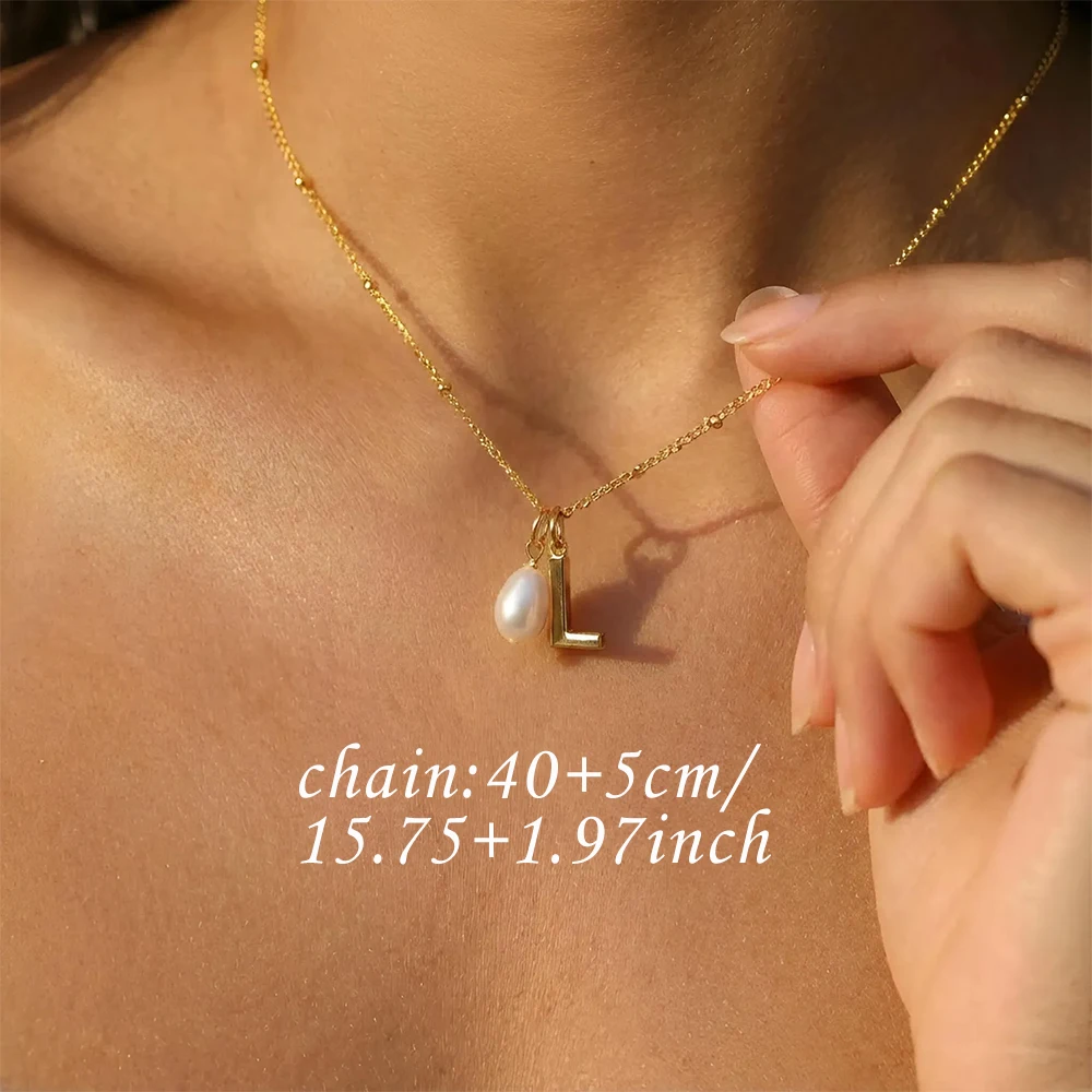Custom Initial Letter with Imitation Pearl Necklace for Women Personalized Stainless Steel 26 Alphabet Beaded Chain Jewelry Gift