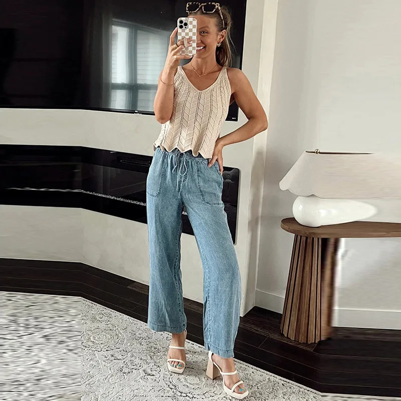 ジーンズ女性デニムストレートパンツストリートレースアップ弾性ウエストポケットユーズド加工洗浄ヴィンテージ 2025 足首丈のズボン