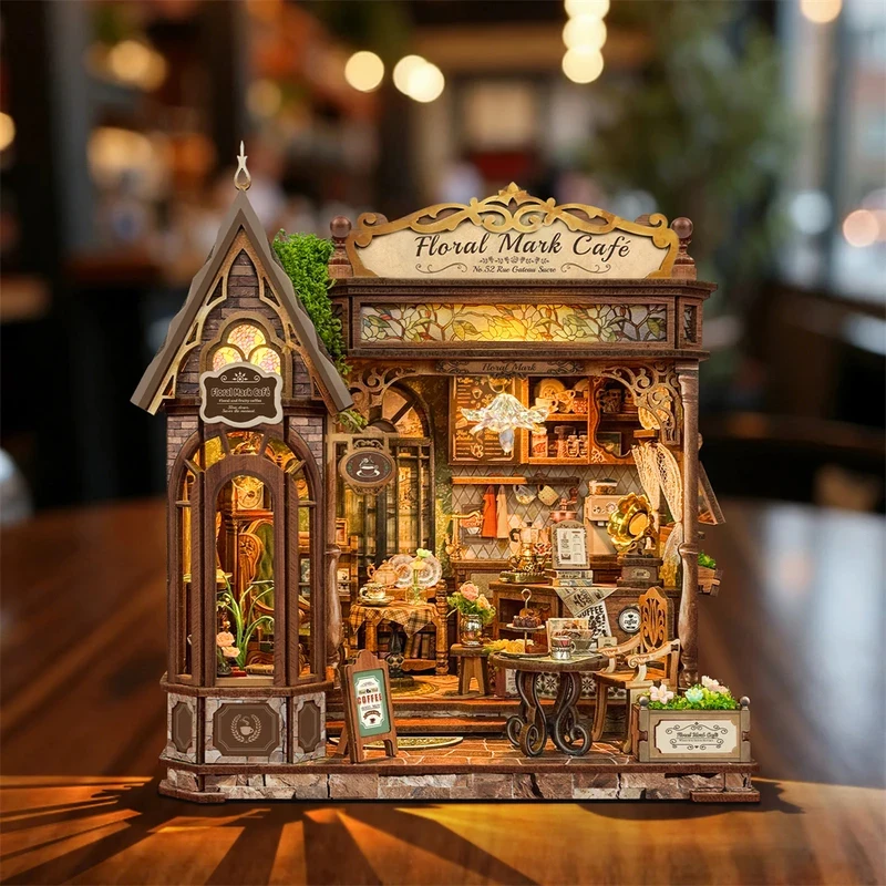 

Retro Floral Mark Cafe DIY Wooden House Figurines Miniature Kits With LED Lights Home Desk Decoration For Adult Handmade Gifts
