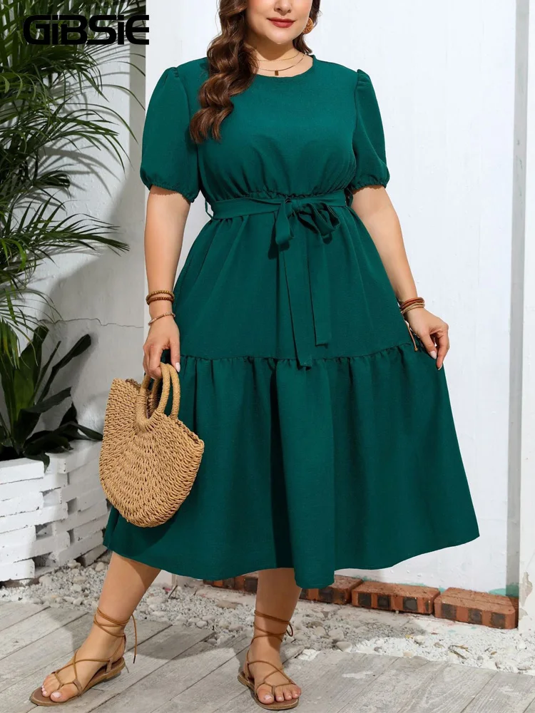 

GIBSIE Plus Size Summer Solid O-Neck Puff Sleeve Belted Long Dress Women Vintage Elegant High Waist Ruffle Hem A Line Dresses