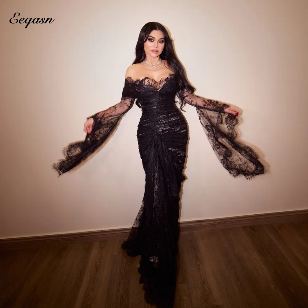 Eeqasn Vestido de noche de encaje negro con hombros descubiertos, mangas acampanadas espectaculares, vestido de fiesta largo hasta el suelo, vestidos de noche personalizados