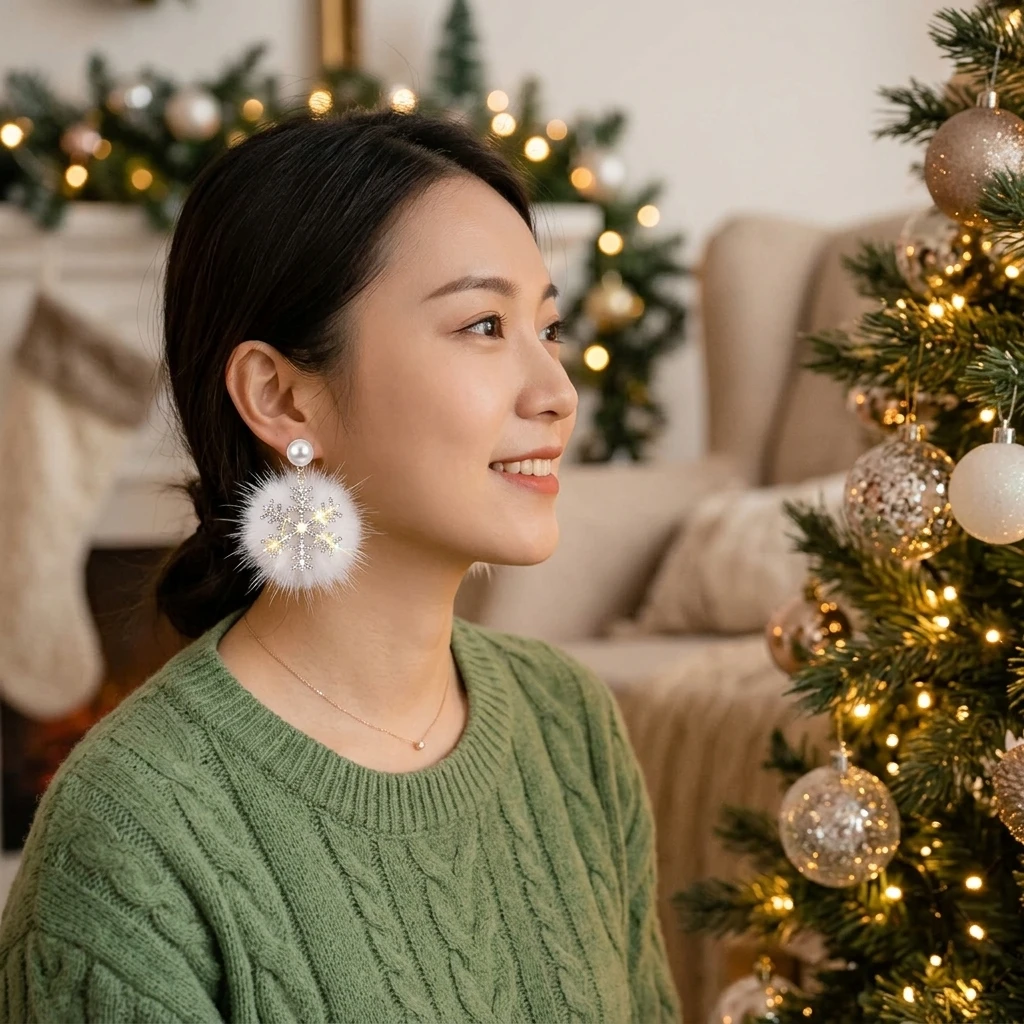 Pair Snowflake Studs Elegant Plush Faux Pearl Earrings for Women Winter Christmas Holiday Party Jewelry Accessories Gift