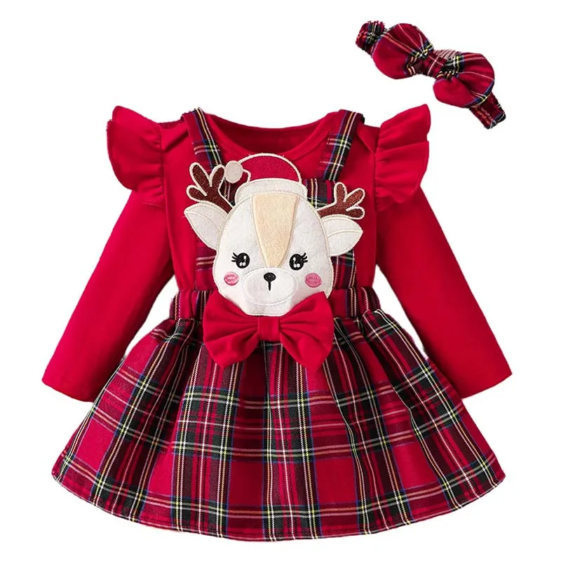 

Рождественское платье для новорожденных, костюм оленя с рисунком для маленьких девочек, красное клетчатое платье в Англии, 3 шт./компл., осенняя праздничная одежда для малышей, 12 м