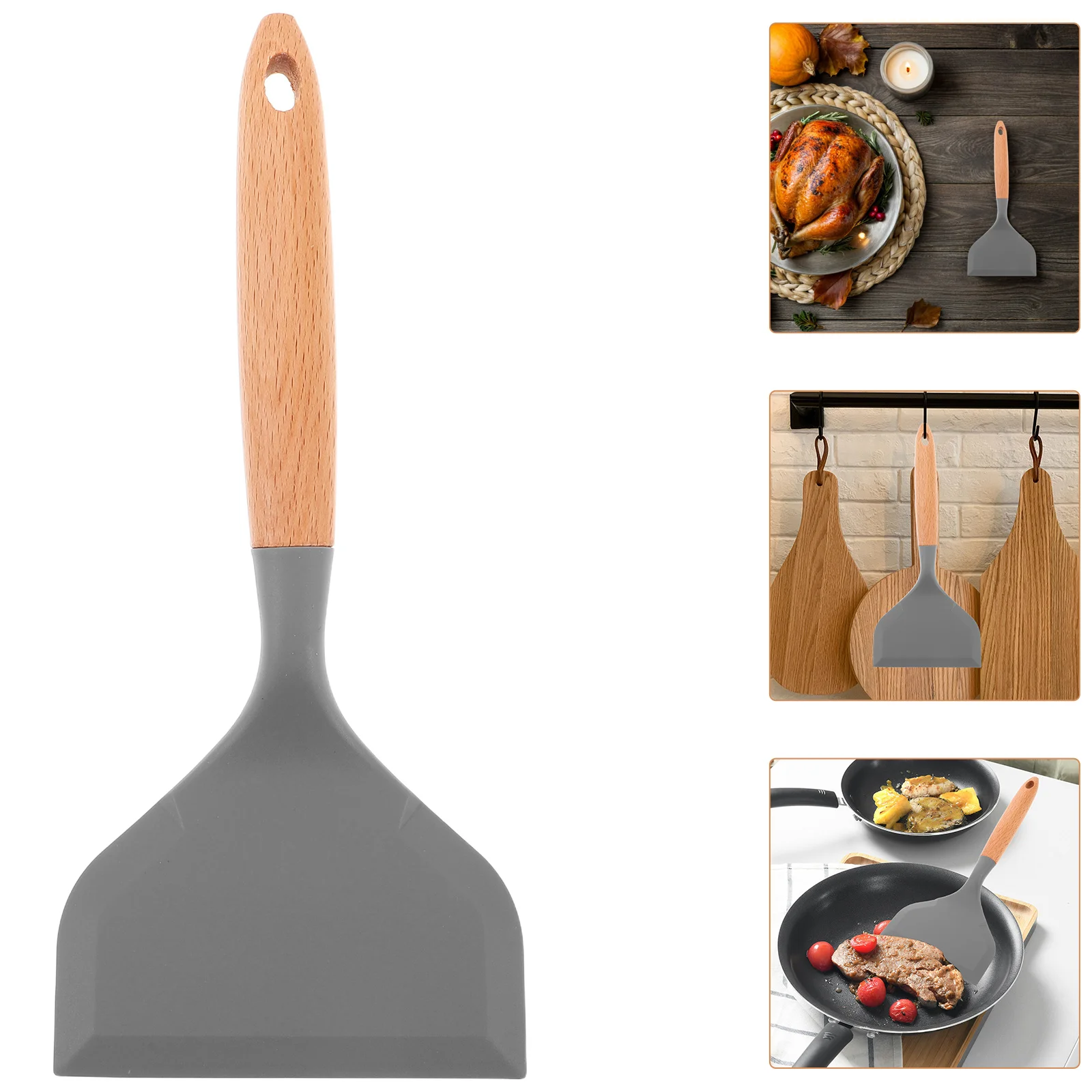 

Silicone Turner for Non-Stick Pans Wide Edge Spatula Flipping Pancakes Fish Steak Kitchen Utensil Wooden Handle Cooking Spatula