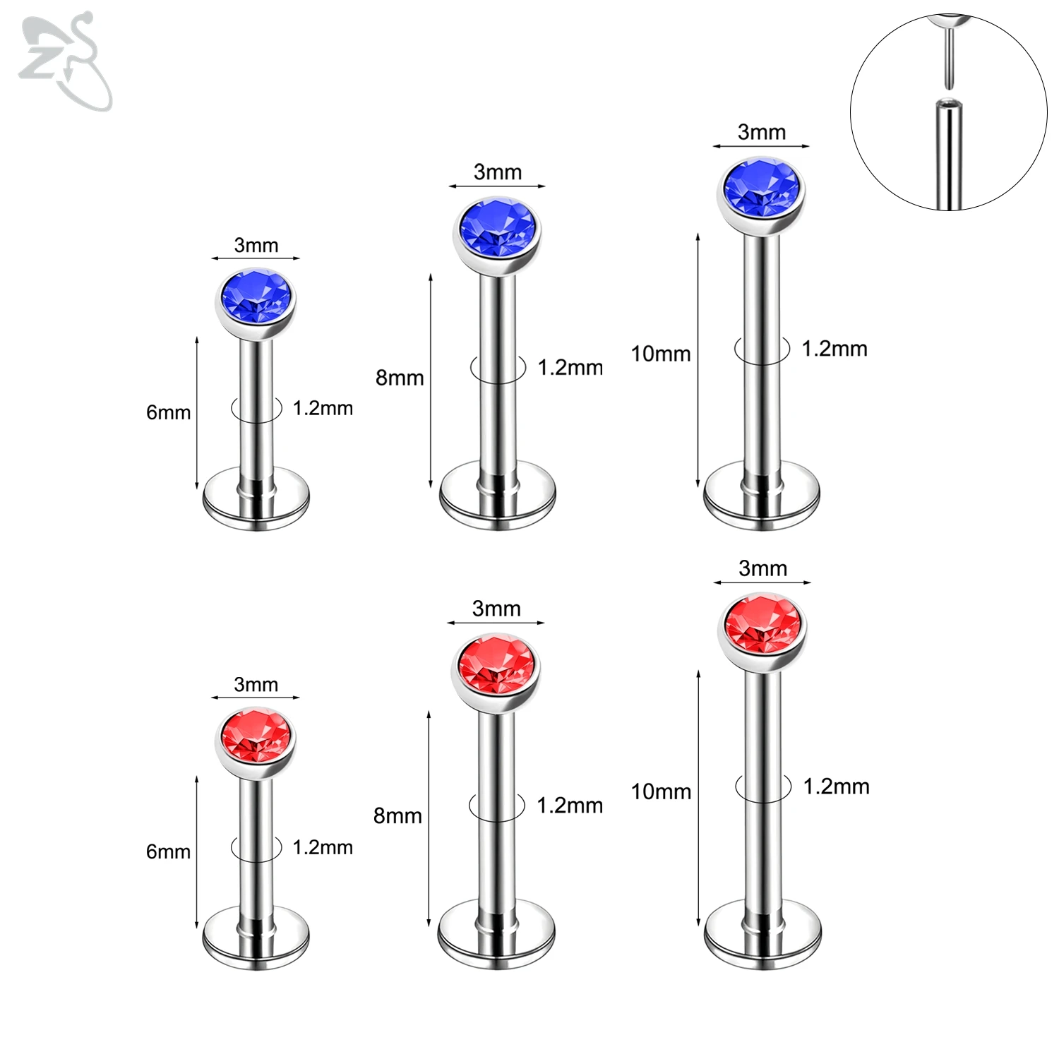 AOEDEJ 3-6Pcs/lot Plug-In Style 16G Stainless Steel Labret Lip Stud Set 3MM CZ Crystal Helix Cartilage Piercing Jewelry 6/8/10MM